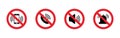 Silent mode set icon. Forbidden sign. Turn off sound pictogram. Prohibited signs for public place. Vector