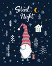 Silent night handwritten hand drawn xmas merry christmas greeting card with cute gnome
