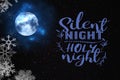 Silent night holy night Christmas holiday wishes quotes moon on starry sky greeting card banner copy space