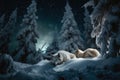 Silent Night Snowy Forest with a Pack of Wolves Sleeping under the Aurora Borealis