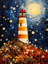 Silent Night Splendor: A Vibrant Impasto Painting of a Lighthous