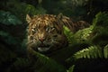 A silent sabertoothed tiger its fur blending in with the surrounding foliage.. AI generation