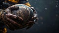 Silent Sentinel. Cropped portrait of Rugby player, striker in sport uniform, covered in mud holds Rugby ball illuminated