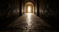 AI-generated Silent Stone Corridor With Arched Entrance And Bright Light At The End Royalty Free Stock Photo