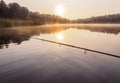 Silent sunset fishing. Fishing on the inflatable boat on the river an sinrise in early morning. Inflatable kayak with Royalty Free Stock Photo