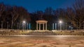 Silesian Park in Chorzow. Dance circle after renovation. A stone floor surrounded by an auditorium. Gloriette in the background Royalty Free Stock Photo