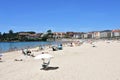 Silgar Beach at famous Rias Baixas crowded with people. Pontevedra Province. Sanxenxo, Spain. Royalty Free Stock Photo