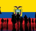 Silhoettes of people on the flag of Ecuador background 3d rendering