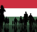 Silhoettes of people on the flag of Hungary background 3d rendering