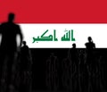 Silhoettes of unknown men and women on the flag of Iraq background. 3d rendering