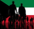 Silhoettes of unknown men and women on the flag of Kuwait background. 3d rendering