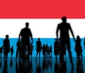 Silhoettes of unknown men and women on the flag of Luxembourg background. 3d rendering