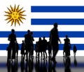 Silhoettes of unknown men and women on the flag of Uruguay background. 3d rendering