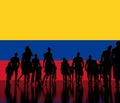 Silhoettes of unknown men and women on the flag of Colombia background. 3d rendering