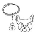 Silhouette of abstract bulldog with dollar as line drawing on white