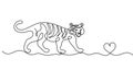 Silhouette of abstract tiger with heart line drawing on white