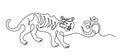 Silhouette of tiger with sign om as line drawing on white