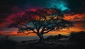 Silhouette of acacia tree back lit by orange dawn sky generated by AI