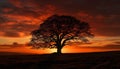 Silhouette of acacia tree back lit by orange sunset sky generated by AI Royalty Free Stock Photo