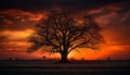 Silhouette of acacia tree back lit by orange sunset sky generated by AI Royalty Free Stock Photo