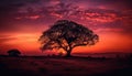 Silhouette of acacia tree on plain, tranquil dawn in Africa generated by AI