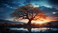 Silhouette of acacia tree reflects on tranquil water at dusk generated by AI Royalty Free Stock Photo