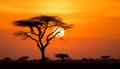 Silhouette of acacia tree, sunset paints African landscape generated by AI Royalty Free Stock Photo