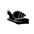 Silhouette of achatina snail creeps on hand. Outline icon of animal care. Hand drawn black illustration of big mollusk. Flat