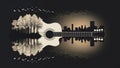 Silhouette of Acoustic Guitar Merging with Surreal Cityscape and Nature Reflection Royalty Free Stock Photo
