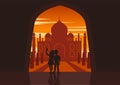 Silhouette of activities of people at famous landmark couple selfie to Taj Mahal of India