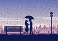 Silhouette of activities of people in park man and woman holding umbrella in the middle of rain