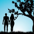 Silhouette of Adam and Eve under the forbidden apple tree