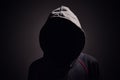 Silhouette af man without face in hood on black background. Anonymous crime concept Royalty Free Stock Photo