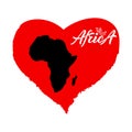 Silhouette of Africa map in red heart with calligraphic text. Royalty Free Stock Photo