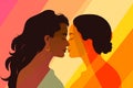 Silhouette of African and Asian women kissing