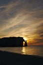 Silhouette of the Aiguille d& x27;Etretat, Falaise d& x27;Aval, with a Beautiful and dramatic sunset at Ãâ°tretat & x28;France