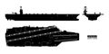 Silhouette of aircraft carrier. Military ship. Top, front and side view. Battleship model. Warship in flat style Royalty Free Stock Photo