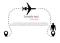 The silhouette of the aircraft flight movement, trajectory, route dotted line. Map Pin in the form of icons man, destination.