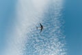 Silhouette of airplane flying in blue sky with white clouds. Travel and Transportation concept - Passenger plane at flight - photo Royalty Free Stock Photo