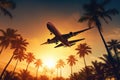 Silhouette of airplane flying over palm trees and sunset sky background, Airplane flying above palm trees in a clear sunset sky Royalty Free Stock Photo