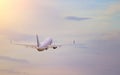 Silhouette airplane flying in sky surround by pink cloud