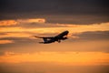 Silhouette of airplane at sunset.