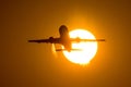 Silhouette of airplane taking off during sunset, flies through the disc of the sun. A trail of hot air from engines is visible. Royalty Free Stock Photo