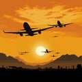 Silhouette of Airplanes against Vibrant Sunrise