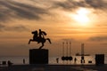 Silhouette of Alexander the Great Statue at sunrise. Thessaloniki city. Greece