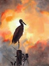 Silhouette alone stork stands on one leg on telegraph pole against the spectacular sunset. Hand drawn watercolors on paper