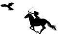 Silhouette of an amazon warrior woman riding a horse with bow an