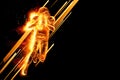 Silhouette of American football player, player in action on fire. Isolated on black background. Concept for sports, speed, bets,