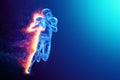 Silhouette of an American football player on fire on a blue background. Concept for sports, speed, bets, American game. 3D