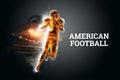 Silhouette of an American football player on fire on a dark background. Concept for sports, speed, bets, American game. 3D